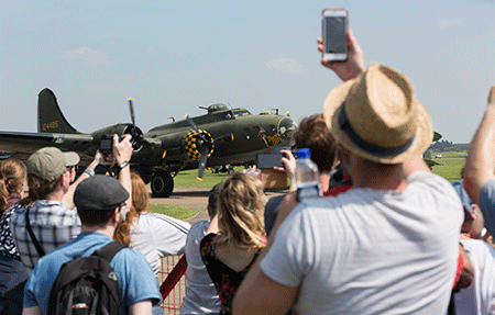 Crowds at the Duxford Air Festival in 2018 gather to watch ‘Sally B’, Europe’s last airworthy B-17 Flying Fortress.
