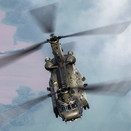 Image shows RAF Chinook flying