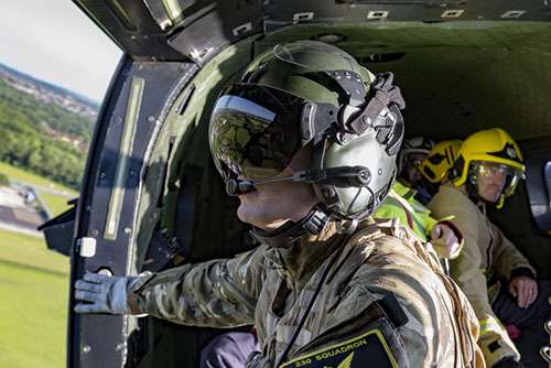 Members of the Merseyside Fire and Rescue Service on board a Royal Air Force Puma Helicopter as part of Exercise Heart Attack, this was in order to strengthen readiness for national standby commitments for both the Fire and Rescue Service and the Royal Air Force.