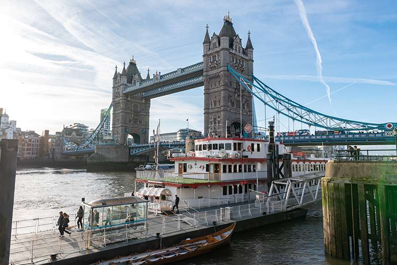 Picture of the Dixie Queen Boat moored at the Tower of London Bridge.