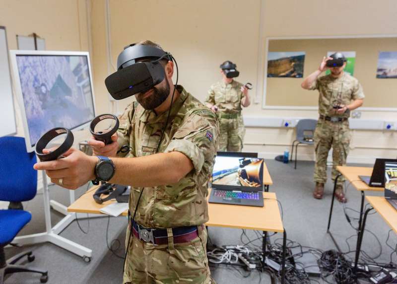 A RAF Regiment Instructor trialing SimCentric's SAF-TAC Virtual Reality software at the RAF Regiment Training wing at RAF Honington on the 3rd August 2020.