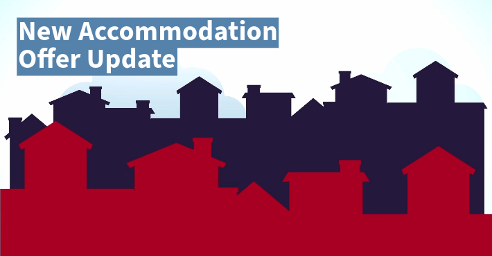 New Accommodation Offer Update title over illustration of silhouettes of housing rows in red and blue